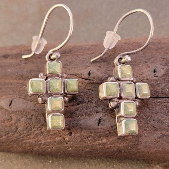 Vintage Sterling Cross Green Turquoise Drop Dangle Earrings - Picture 5 of 5
